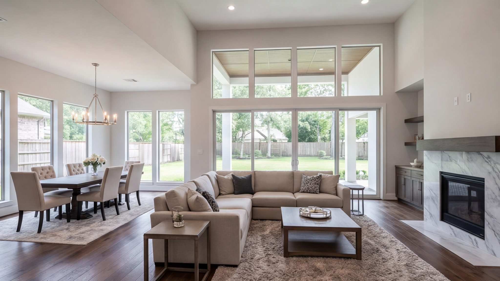 Living and dining room after a whole-home remodel