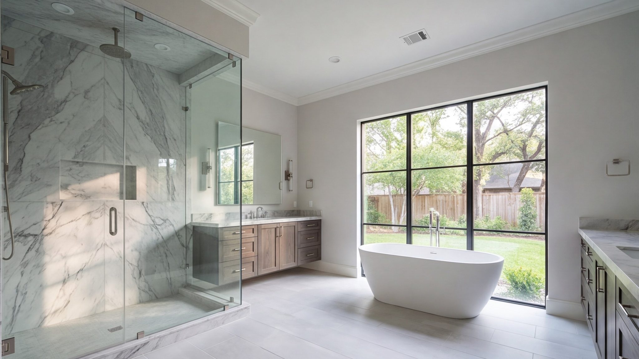 Primary bathroom remodel in Humble with a freestanding tub and a walk-in shower